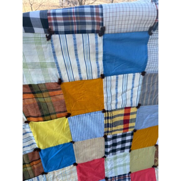 Vintage 50's Quilt From Mens Shirts Fabric Patchwork Tied 68x79" - Picture 7 of 16